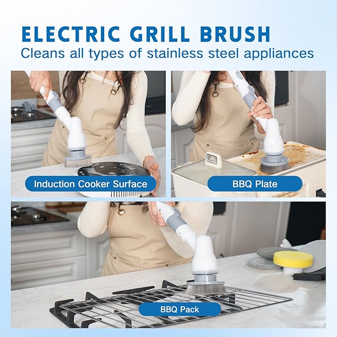 Electric Spin Scrubber,Wire Brush,Waterproof Spin Scrubber with Long Handle, Powerful Motor Cordless Cleaning Brush, Grill Cleaning Brush with Multiple Heads for Sink, Stove, Cabinets, and Kitchen