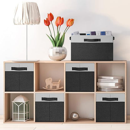 GhvyenntteS Large Storage Baskets for Shelves 6 Pack, Collapsible Fabric Storage Bins with 3 Handles, Decorative Closet Organizers and Storage bins for Clothes Blanket Beddings (Black, 15"x11"x9.6")