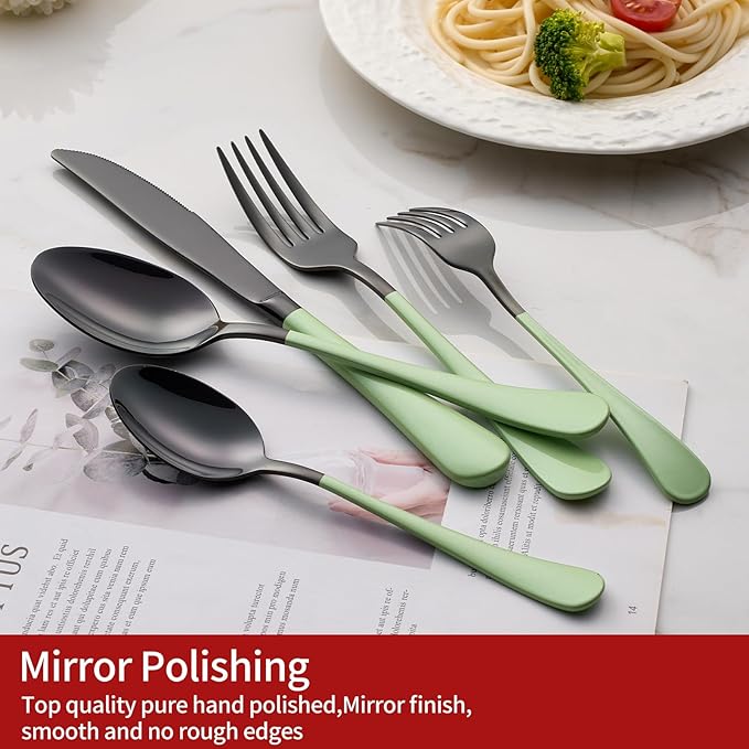 20-Pieces Green and Black Silverware Sets for 4,Green Handle Stainless Steel Cutlery Set, Include Forks Spoons and Knives Set, Dishwasher Safe Utensil Sets for Home Restaurant