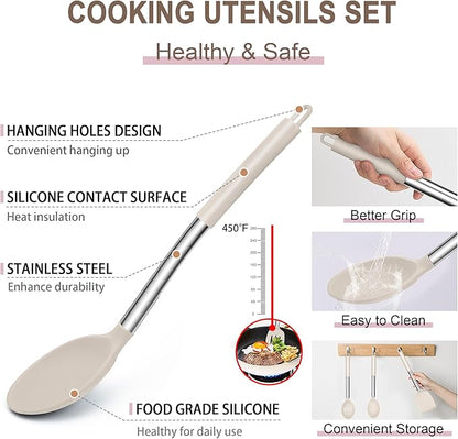E-far Silicone Cooking Utensils Set, 14-Piece Khaki Kitchen Utensils Set with Holder, Kitchen Tools Spatulas with Stainless Steel Handle for Non-stick Cookware, Heat Resistant & Dishwasher safe