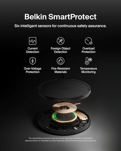 Belkin Wireless Charging Pad 15W - Qi Charger, Charging Station for Apple iPhone 17, iPhone 16/15/14 Series, AirPods, Samsung Galaxy S25, Galaxy S24, Pixel 10 - Power Supply and Cable Included - Black