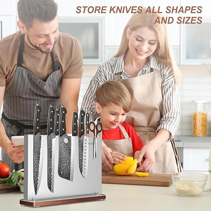 Magnetic Knife Holder, Stainless Steel Magnetic Knife Block without Knives, Strong Double Sided Magnet Knife Storage Strip with Wood Base for Kitchen Counter-Silver