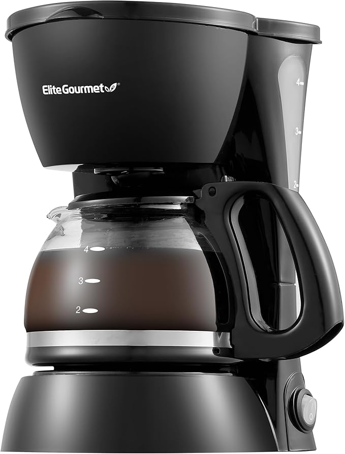 Elite Gourmet EHC4128 Automatic 4-Cup Brew & Drip Coffee Maker with Pause N Serve, Glass Carafe, Reusable Filter, On/Off Switch, Keep Warm, Water Level Indicator, Black