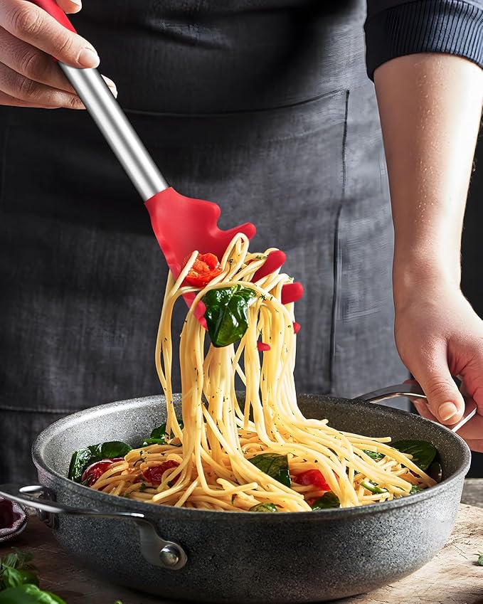 Spaghetti Spoon and Pasta Tong, Non-stick Silicone Spoon Server Fork with teeth and Stainless Steel Handle Spaghetti Tong, Food Clip for Spaghetti Noodle (RED)