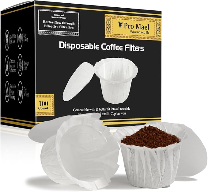 Pro Mael Disposable K Cup Filters with Lid, Coffee Filter Paper for Keurig Brewers Single Serve 1.0 and 2.0, Use with Reusable K Cup Pods, White (100-Count)