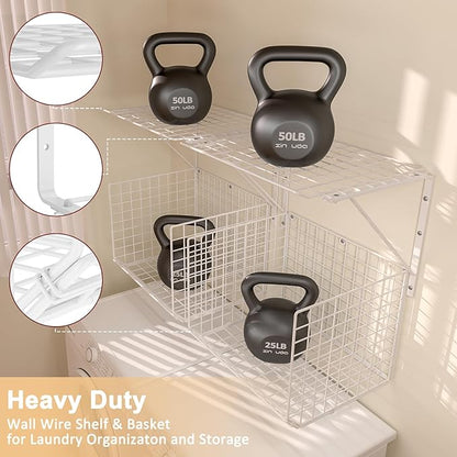 2 Pack Laundry Room Shelves Wall Mounted with Wire Baskets, Over the Washer and Dryer Shelf with Clothes Drying Rack, 8 Hooks，Wire Shelves Baskets for Laundry Closet Organization and Storage, White