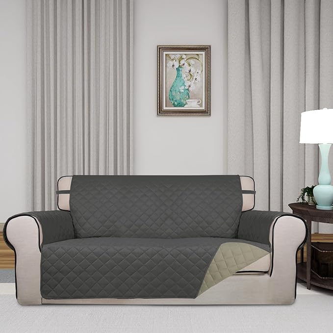 PureFit Reversible Quilted Sofa Cover, Water Resistant Slipcover Furniture Protector, Washable Couch Cover with Non Slip and Elastic Straps for Kids, Dogs, Pets (Oversized Loveseat, Dark Gray/Beige)