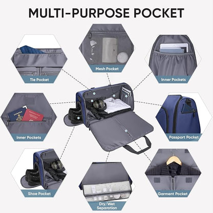 BALEINE Convertible Garment Bag with Shoe Compartment, 2 in 1 Carry on Garment Duffle Bags for Travel, Suit Bag for Men Women (Navy)