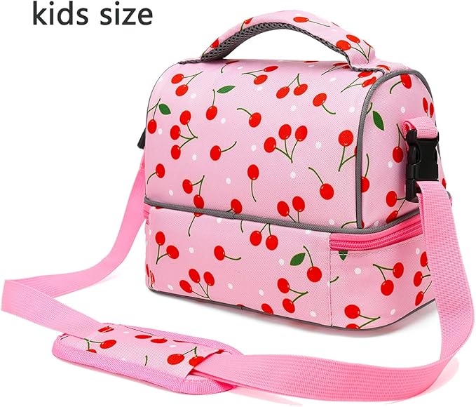 FlowFly Kids Double Decker Cooler Insulated Lunch Bag Large Tote for Boys, Girls, Men, Women, With Adjustable Strap, Cherry