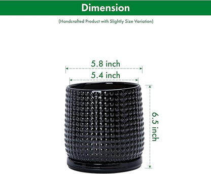 D'vine Dev 6 Inch Ceramic Beaded Stoneware Planter Pot - Flower Pot with Drainage Holes and Saucers for Indoor Succulent Plants or Flowers, Glossy Black, 27-C-X-2