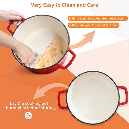 Velaze 6 QT Enameled Cast Iron Dutch Oven, Dual Handles Pot with Lid, Heavy-Duty Non-stick Round Oven for Bread Baking, Stewing, Roasting, Good Sealing for All Heat Source (Red)