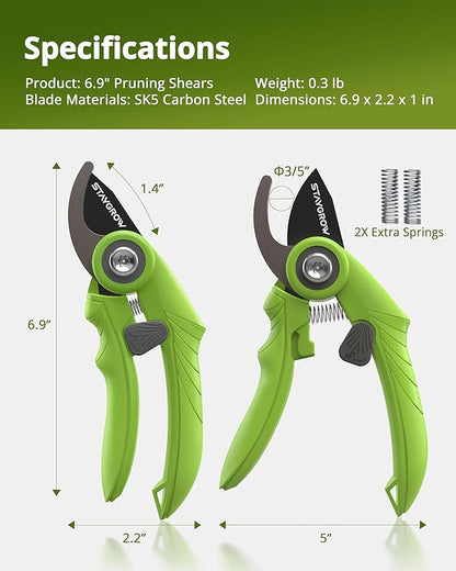 Garden Shears - 6.9" Pruning Shears for Gardening with SK5 Stainless Steel Sharp Blades, Tree Trimmer Garden Scissors with Comfort Handle and Safety Lock, Gardening Hand Tools - Green