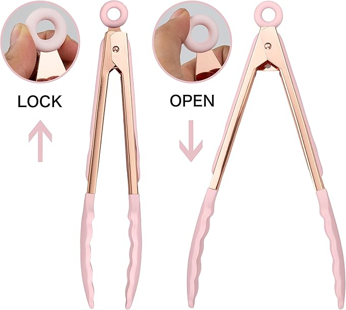 COOK WITH COLOR Stainless Steel Silicone Tipped Kitchen & BBQ Tongs Set, 2 Pc Tongs, Pink