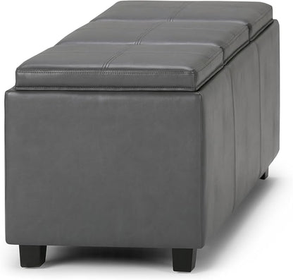 SIMPLIHOME Avalon 42 inch Wide Contemporary Rectangle Storage Ottoman in Stone Grey Vegan Faux Leather, Assembled, For the Living Room, Entryway and Family Room