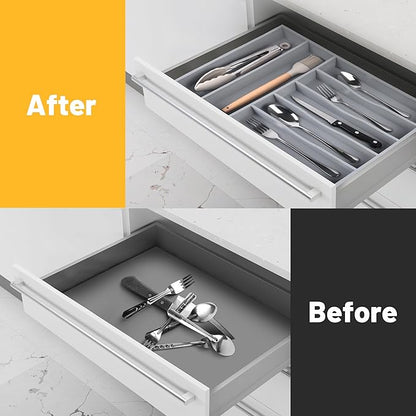 Kitchen Bamboo Silverware Organizer, Kitchen Drawer Organizer - Utensil Holder and Cutlery Tray with Grooved Drawer Dividers for Flatware 7 Slot, Grey
