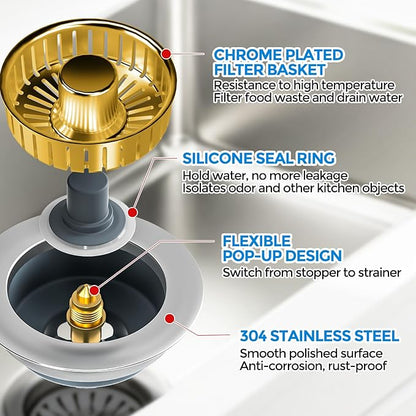 zaa Kitchen Sink Drain Strainer - Kitchen Sink Stopper, 304 Stainless Steel Sink Drain Stopper, Sink Protector for Kitchen with Anti-Clog Filter, Fit US Standard 3-1/2'' Sink Drain Hole, Gold