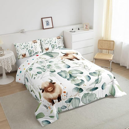 Erosebridal Boys Cartoon Animal Full Comforter Set for Kids Toddler Kawaii Cow Bedding Set Full, Highland Cattle Bull Bedding Comforter Sets Western Cowboy Duvet Set Green Eucalyptus Quilted Comforter