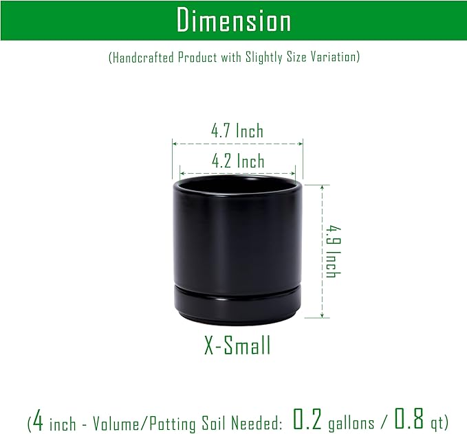 D'vine Dev 4.7 Inch Ceramic Planter Pot with Drainage Hole and Saucer, Indoor Cylinder Round Planter Pot, Black, 94-O-B-2