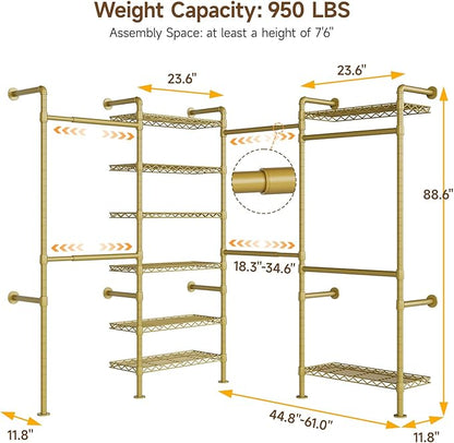 ONBRILL L4 Wall Mounted Industrial Pipe Clothing Rack, Closet Organizer System with 6 Hanging Clothes Rods ( 4 Expandable Rods) & 8 Shelves, Heavy Duty Corner Garment Rack, Large Wardrobe - Gold