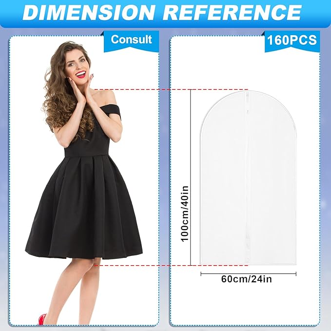 Sintuff 160 Pcs 24'' x 40'' Clear Garment Bags Bulk Clear Hanging Clothes Cover with Full Zipper Hanging Travel Garment Cover Bags for Clothes Storage