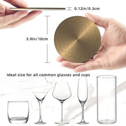Drink Coasters with Holder Stand Set of 6, Mandala Rosette Engraving Pu Leather