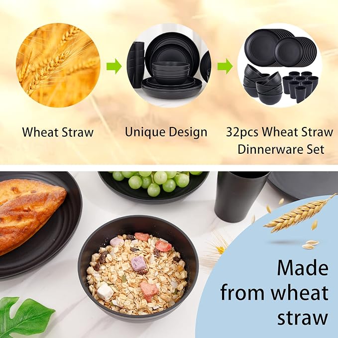 Supernal Wheat Straw Dinnerware Sets,Plates and Bowls Set, Dish Sets for 8, Unbreakable Plate for 8 Dishwasher Safe,Reusable Dinnerware Black-16pcs Plates, 8pcs Bowls, 8pcs Cups.
