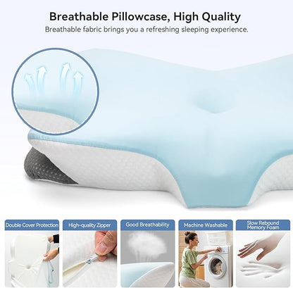 Ergonomic Cervical Pillow for Neck Support, Memory Foam Orthopedic Contour Side Sleeper Pillows with Dual Heights, Soft Bed Pillow with Breathable Pillowcase for Back, Stomach Sleepers(Blue)