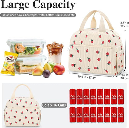 Lunch Bag Lunch Box for Women Adults Men, Cute Strawberry Corduroy Insulated Reusable Work Leakproof Simple Large Lunch Boxes Tote Bag Cooler Bag