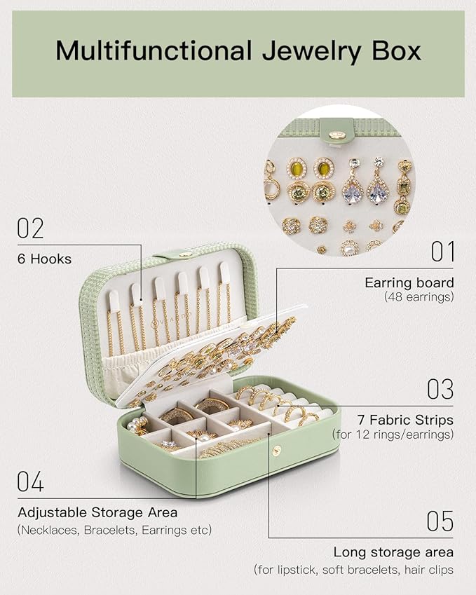 Vlando Travel Jewelry Case, PU Leather Travel Jewelry Box with Earring Holder, Portable Display Small Jewelry Box for Mothers Day Women Girls Gift - Green