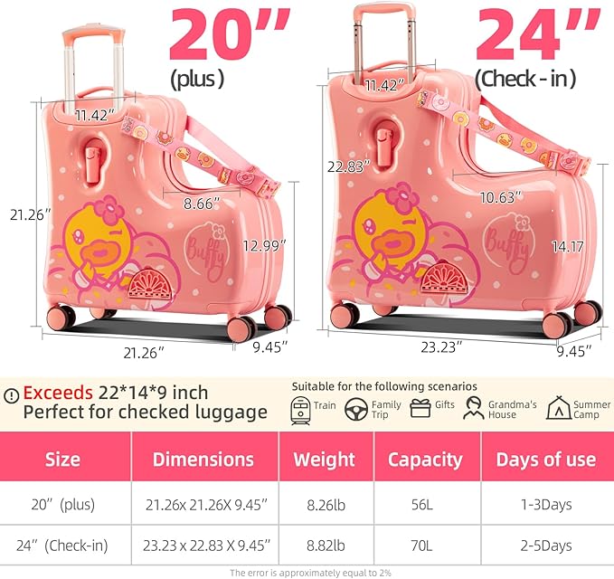 Kids' Lightweight Ride on Luggage with Spinner Wheels & Foldabe Design (Pink Donut, 24"+ Aged 3-12 Toddler),Children Holiday Birthday Gift