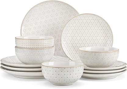 MALACASA 12 Pieces Dinnerware Sets, Modern Relief Design Plates and Bowls Sets, White Dish Set for 4, Kitchen Ceramic Dinner Plates Dishware Set, Microwave and Dishwasher Safe, Series LYDIA