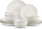 MALACASA 12 Pieces Dinnerware Sets, Modern Relief Design Plates and Bowls Sets, White Dish Set for 4, Kitchen Ceramic Dinner Plates Dishware Set, Microwave and Dishwasher Safe, Series LYDIA