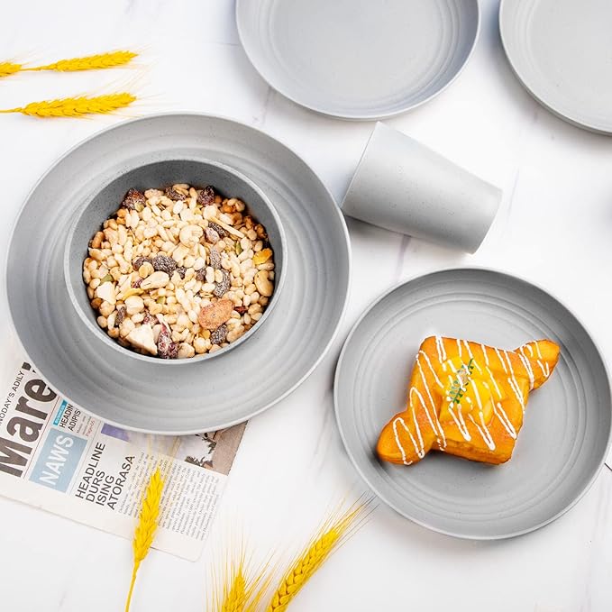 Supernal 32pcs Wheat Straw Dinnerware Sets for 8,Plates and Bowls Sets,Reusable Plastic Plates,Grey Dish Set for 8 include 16pcs Dishes, 8pcs Bowls, 8pcs Cups,Dishwasher Safe.