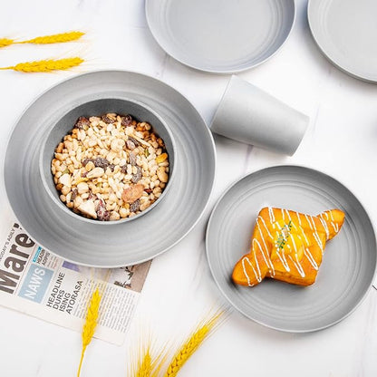 Supernal 32pcs Wheat Straw Dinnerware Sets for 8,Plates and Bowls Sets,Reusable Plastic Plates,Grey Dish Set for 8 include 16pcs Dishes, 8pcs Bowls, 8pcs Cups,Dishwasher Safe.