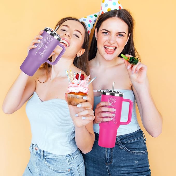 Made in USA - Personalized 40 Oz Tumbler with Handle and Straw - Custom Birthday Gifts with Name/Birth Flower for Wowen Girlfriend- Personalized Tumbler Bridesmaid Gifts for Wedding