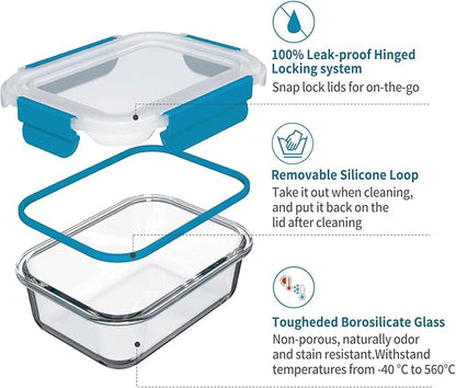 GENICOOK 9-Pack Glass Food Storage Containers with Airtight Lids-Glass Meal Prep Containers/Bento Box/Microwave Freezer Dishwasher Safe-Glass Lunch Box for Kitchen,Stackable,Large Capacity, BPA Free