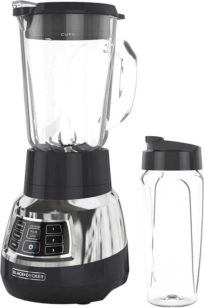 Black+Decker Quiet Blender with 6-Cup Cyclone Glass Jar, 3 Speeds + 3 Functions & Serrated Blade Technology for Faster Blending, Pulse Button and 24-oz Personal Jar, 900W