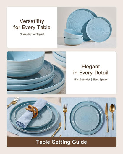 Dinnerware Sets for 6, Ceramic Plates and Bowls, Ice Blue | 18-Piece Ceramic