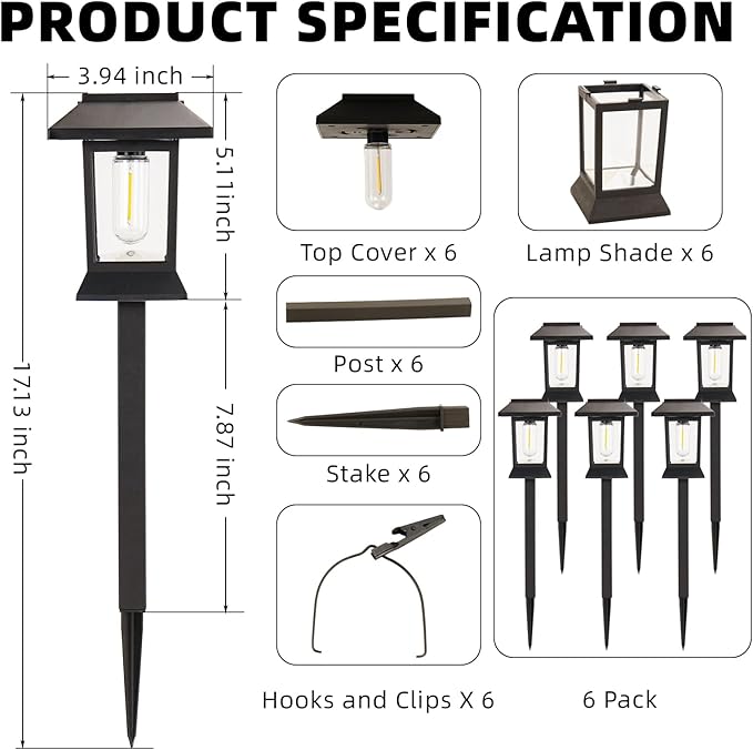 6 Pack Solar Pathway Lights Outdoor Waterproof, Dual-Use Stake & Hanging Lantern, 17 Inch ABS Warm White 3000K, 1000mAh Ni-MH Battery & Monocrystalline Panel, Auto On/Off for Garden Yard Patio Walkway