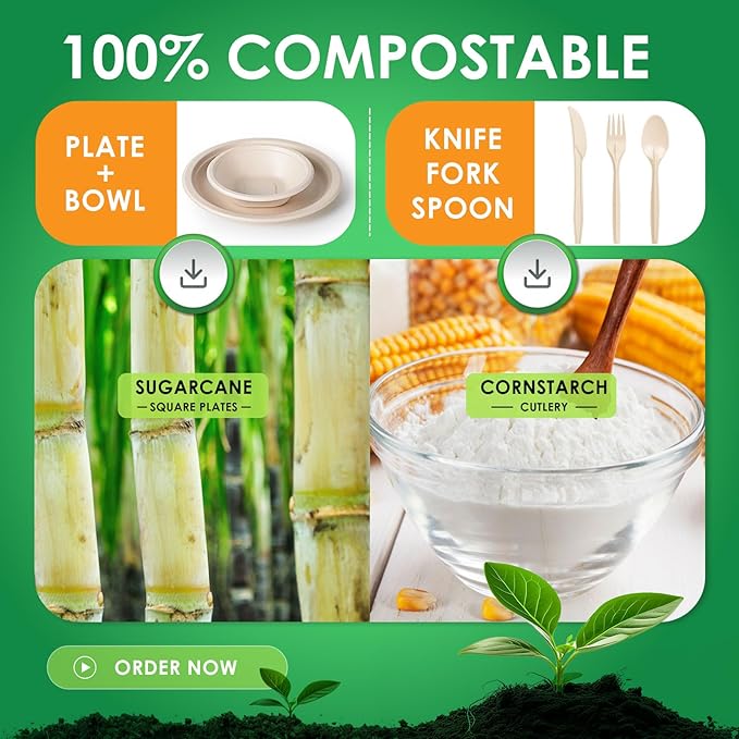 Gezond 250PCS Disposable Paper Plates and Bowls Set with Long Utensils, Compostable Plates Eco-Friendly Dinnerware Set Includes Biodegradable Plate, Bowls, Forks, Knives Spoons for Party Camping