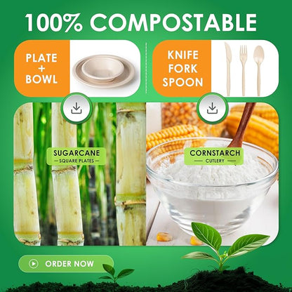 Gezond 250PCS Disposable Paper Plates and Bowls Set with Long Utensils, Compostable Plates Eco-Friendly Dinnerware Set Includes Biodegradable Plate, Bowls, Forks, Knives Spoons for Party Camping