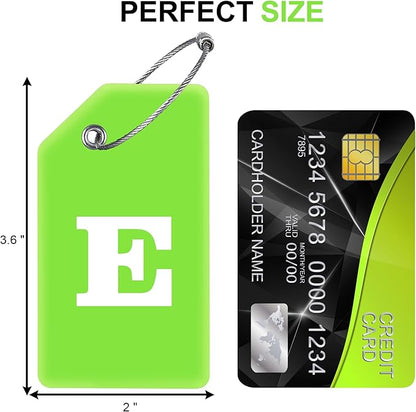8 Pcs Luggage Tags for Suitcases, 26 Initial Letter Travel Luggage Baggage Identification Labels ID Tags Fully Bendable Tags with Stainless Steel Loop (Letter E, Green)