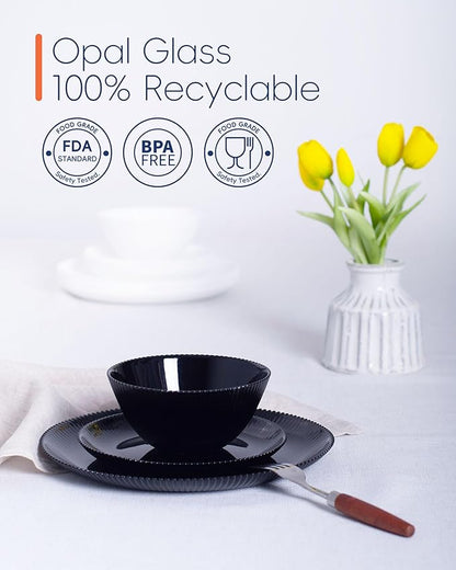 Dinnerware Sets for 4, 12 Pieces Opal Glass Plates and Bowls Set, Dishwasher and Microwave Safe Ribbed Dish Dinning Ware, Chip and Scratch Resistant Dishware, Black