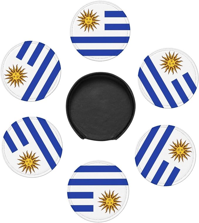 6 Pack Uruguay Flag Leather Coaster