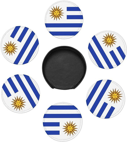 6 Pack Uruguay Flag Leather Coaster