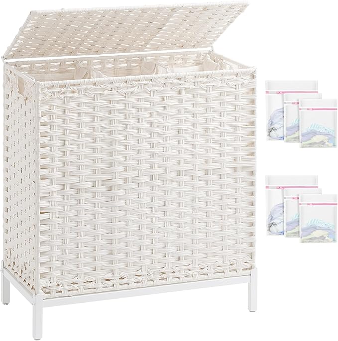 Laundry Hamper with Lid 132 L, (35 Gallons) Clothes Hamper with Lid, Handwoven Rattan Laundry Hamper with Metal Heightened Feet, Laundry Hampers with 3 Removable Liner Bags for Laundry-White