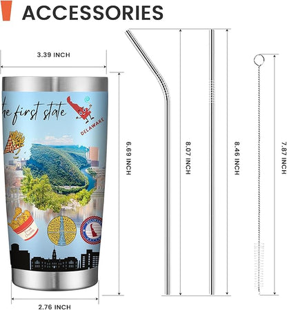 20oz Insulated Tumbler Delaware State Coffee Mug, United States Map Travel Mug Landmark, Birthday Gifts Cute Custom Tumbler Cups with Lid and Straw Mothers Day Gifts