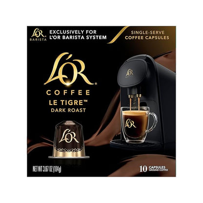 L'OR Coffee Pods, 10 Count Le Tigre Dark Roast Blend, Single-Serve Aluminum Coffee Capsules Compatible with the L'OR BARISTA System & *Nespresso Original Machines, 10 count (Pack of 1)