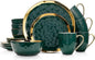 Stone Lain Florian Modern Porcelain 16 Piece Dinnerware Set, Plates and Bowls Set, Dish set for 4, Green and Golden Rim