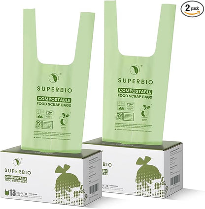 SUPERBIO 13 Gallon Handle Tie Compostable Food Waste Bags, 30 Count, 2 Pack, ASTM D6400, BPI and OK compost INDUSTRIAL, 49.2L, 0.87 Mil